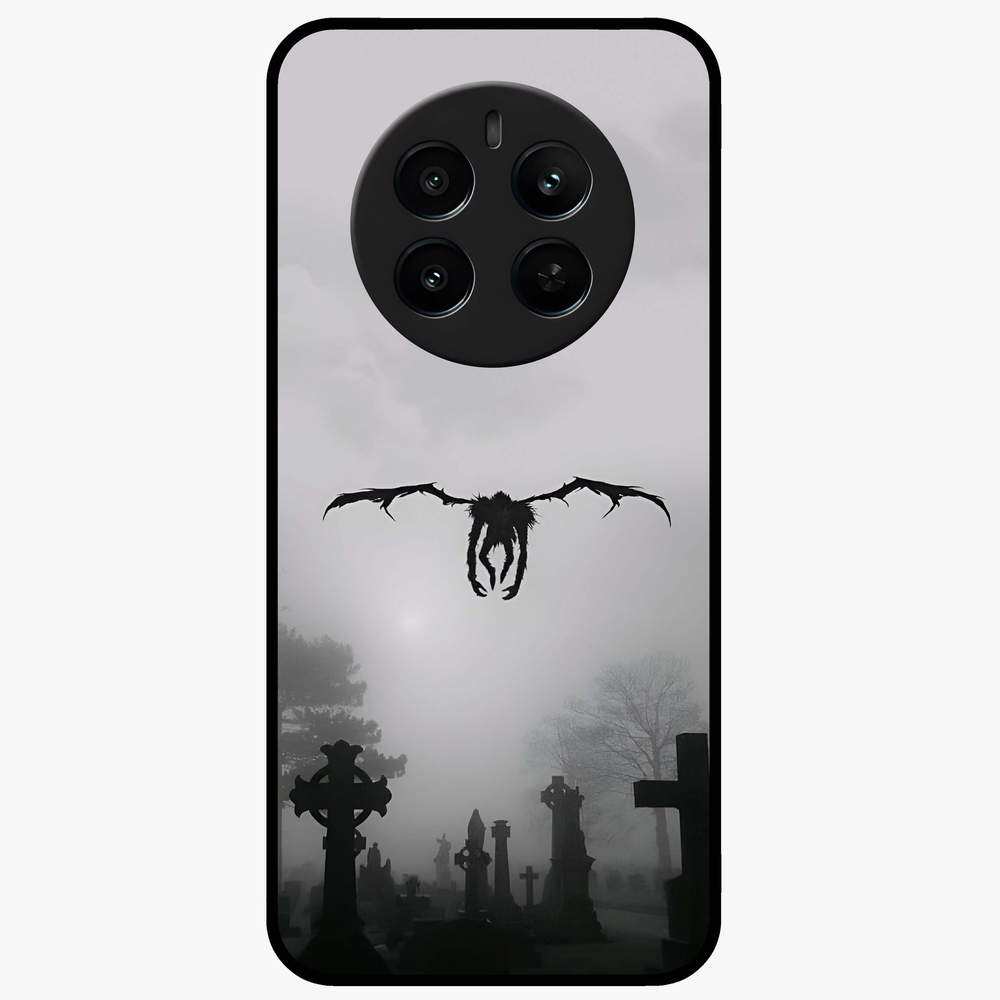 Graveyard Shadow Descent Glass Case showing flat back view with dark graveyard themed artwork and glossy glass finish.