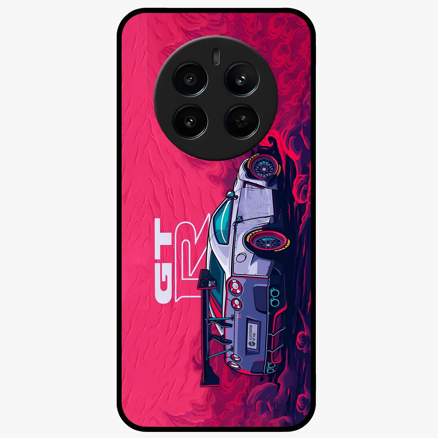 GT-R Car Pattern Glass Case showing flat back view with sporty car inspired pattern artwork and glossy glass finish.