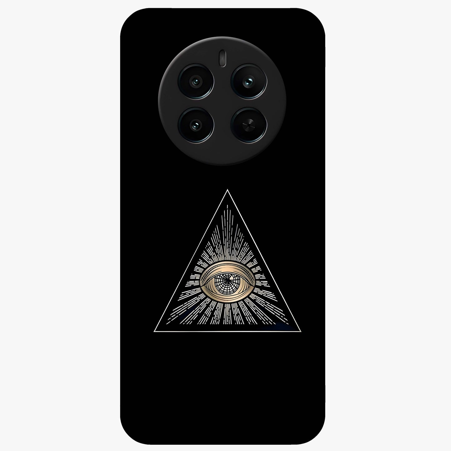 Illuminati Evil Glass Case showing flat back view with mysterious illuminati symbol artwork and glossy glass finish.