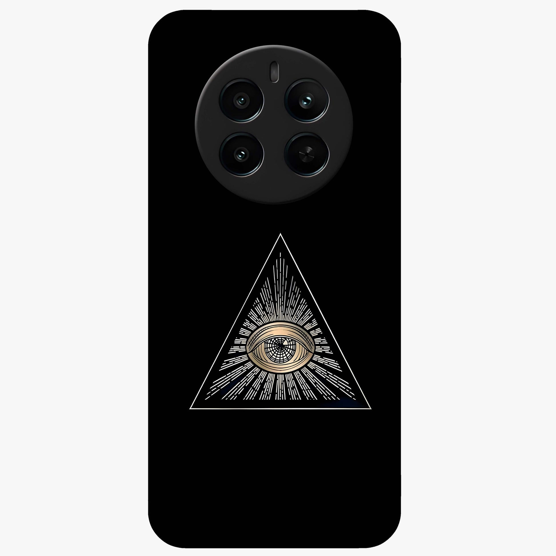 Illuminati Evil Glass Case showing flat back view with mysterious illuminati symbol artwork and glossy glass finish.