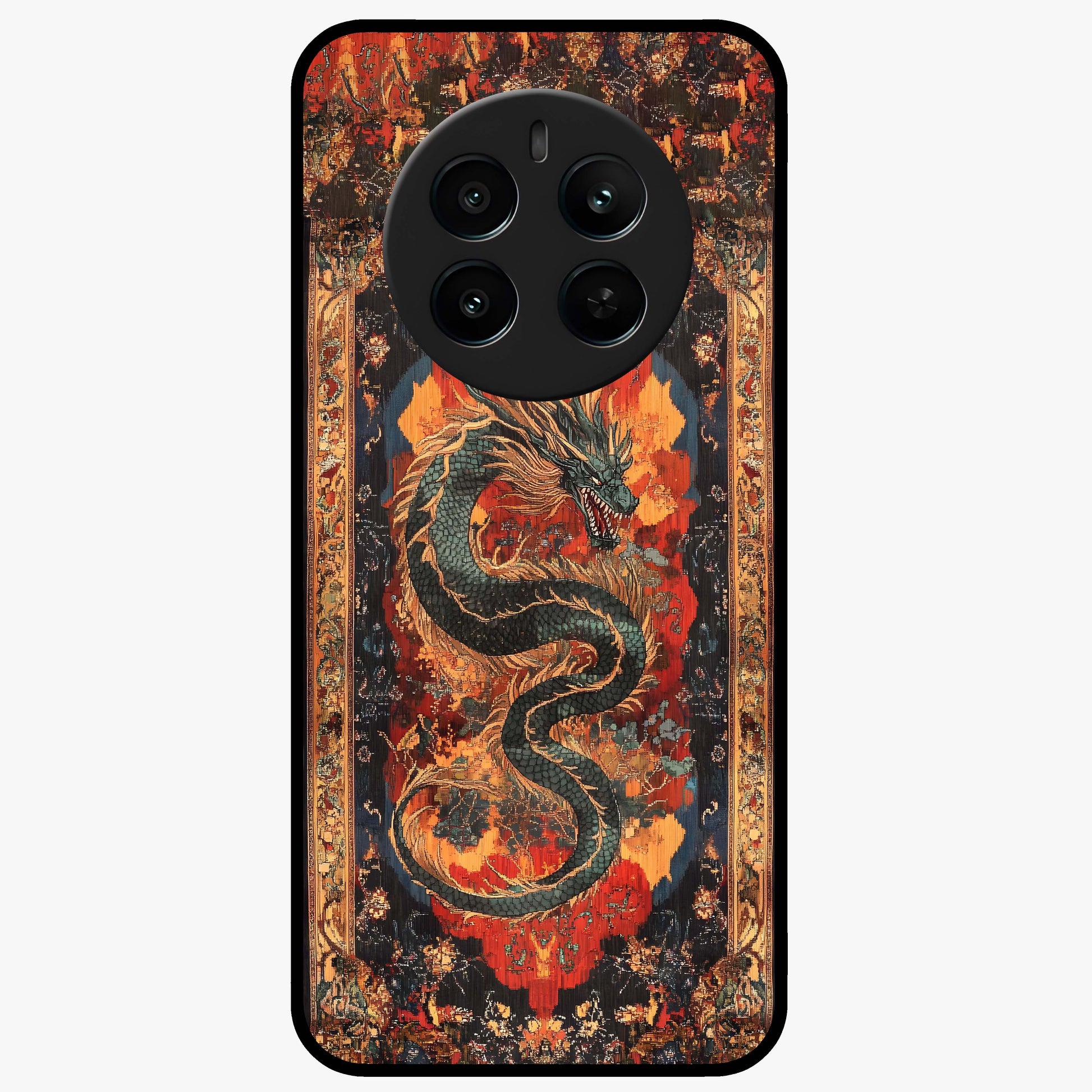 Inferno Dragon Soul Glass Case showing flat back view with fiery dragon artwork and glossy glass finish.