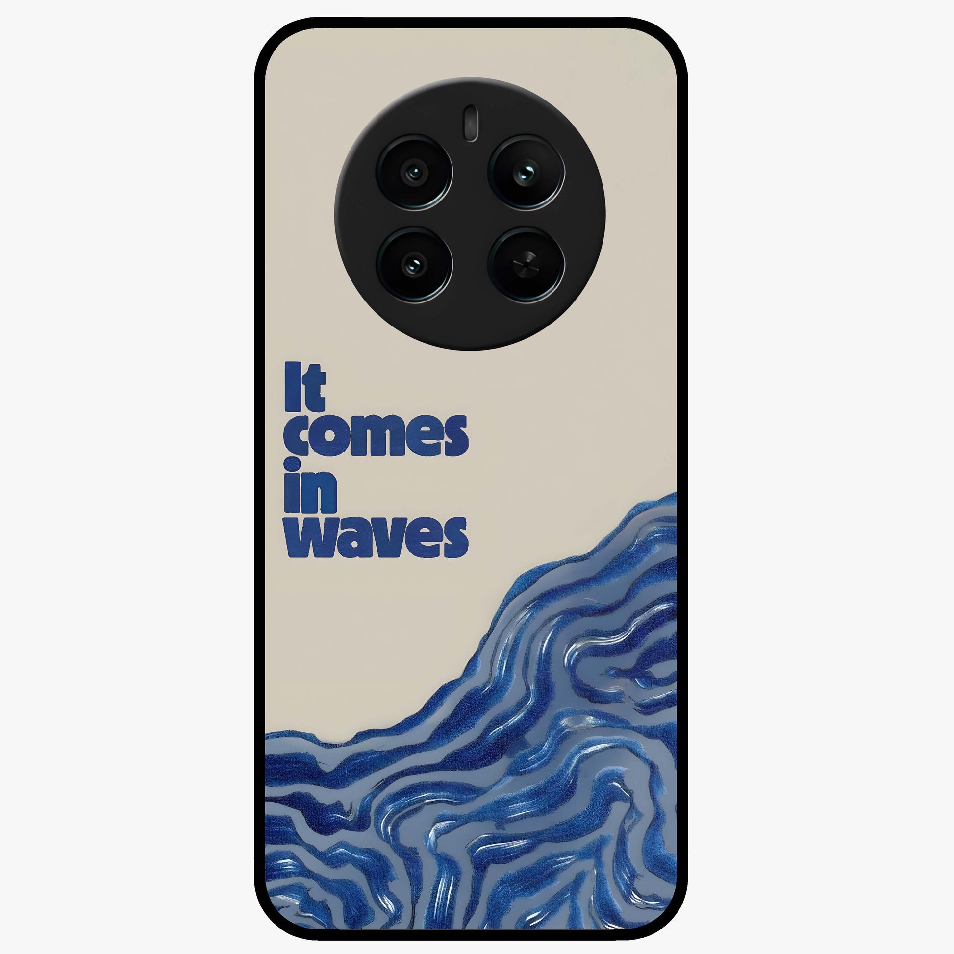 It Comes In Waves Quote Glass Case showing flat back view with inspirational wave themed quote artwork and glossy glass finish.