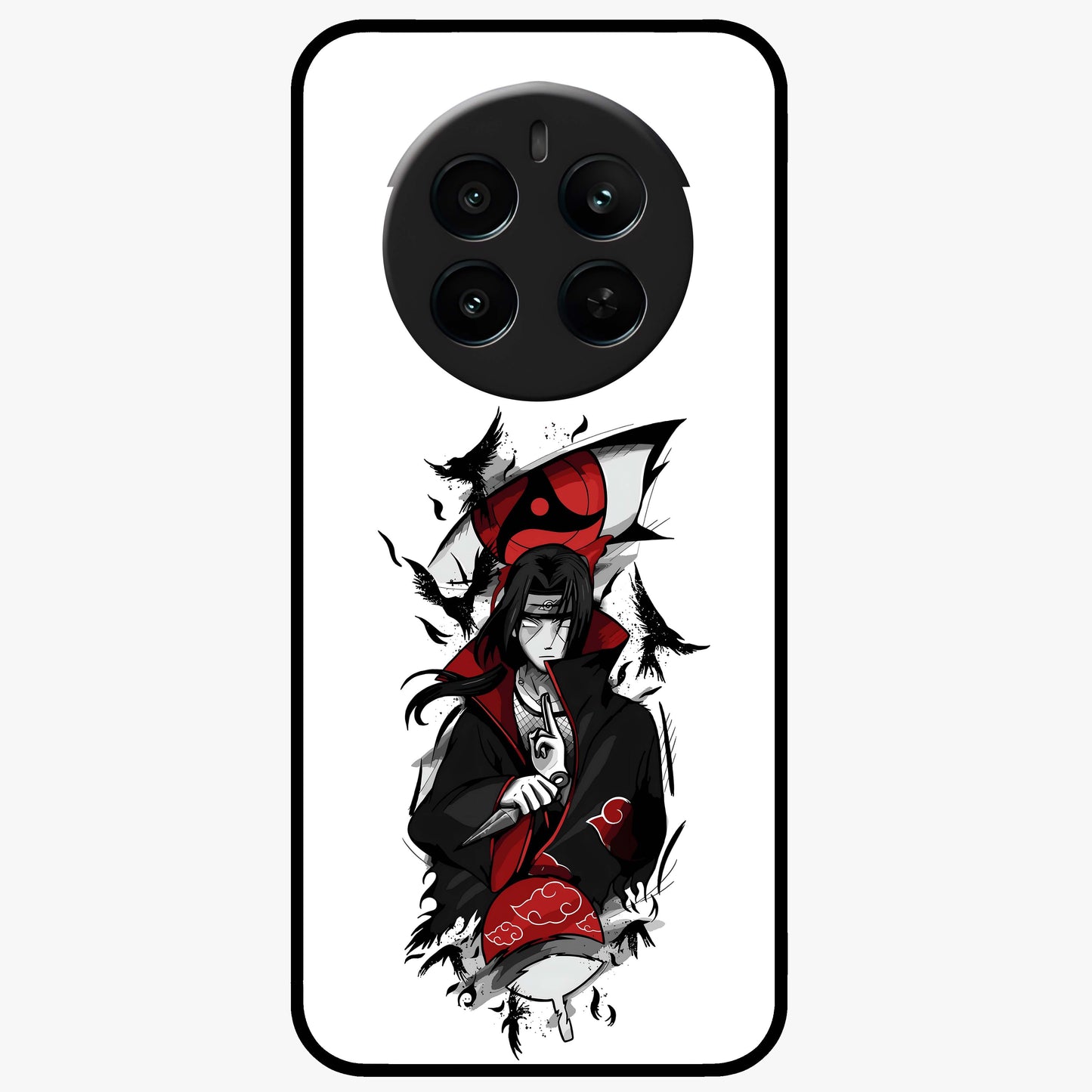 Itachi Sharingan Glass Case showing flat back view with powerful anime eye artwork and glossy glass finish.