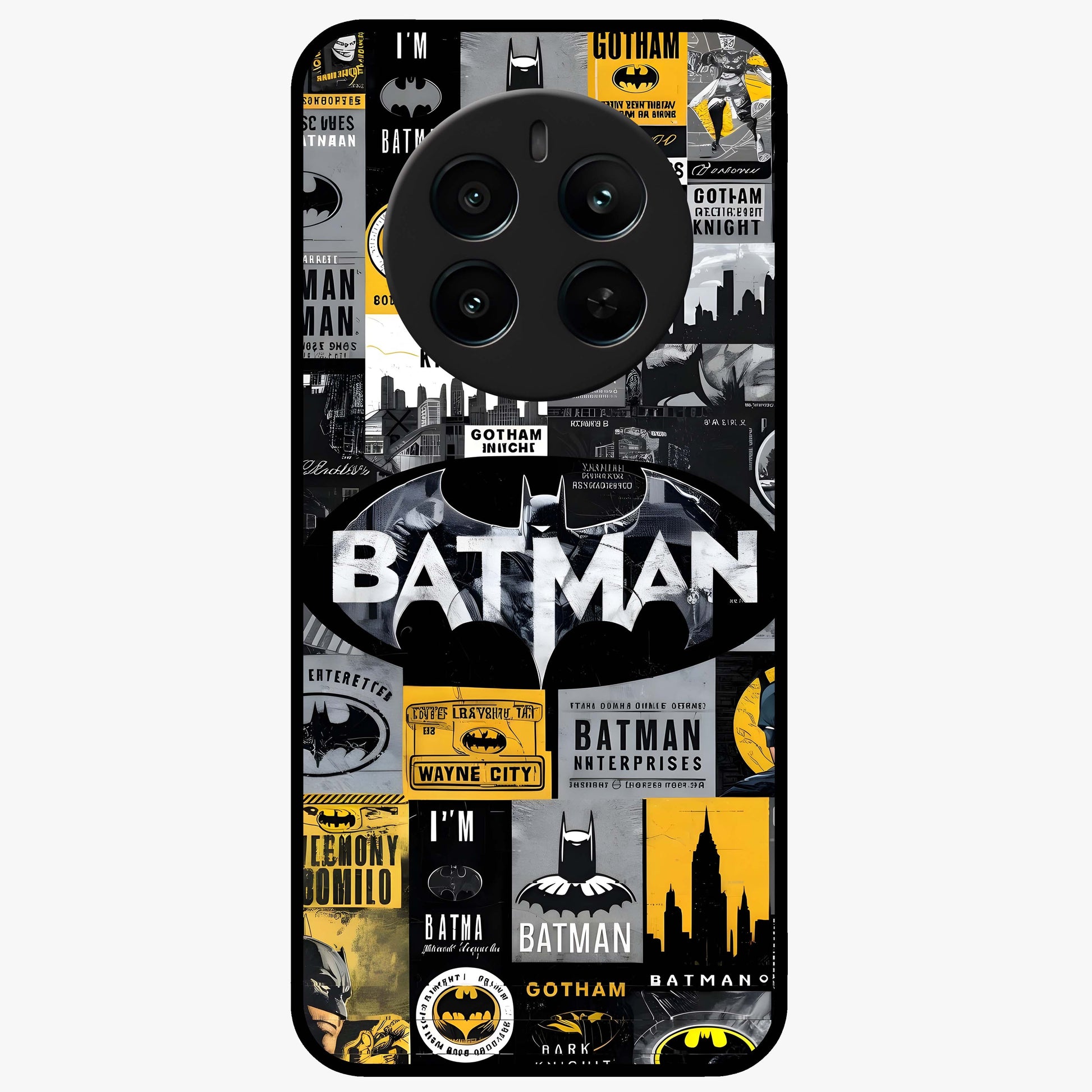 Knight Gotham Rise Glass Case showing flat back view with dark hero inspired artwork and glossy glass finish.