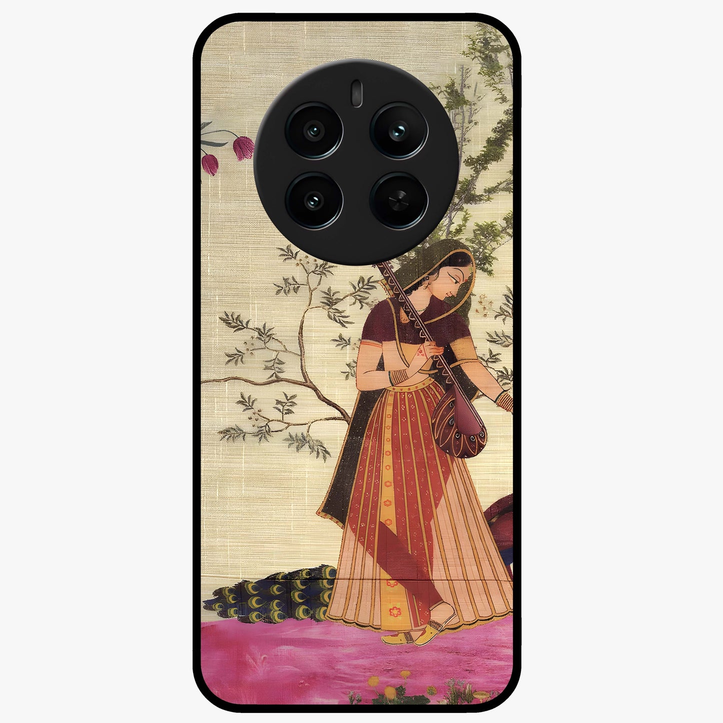 Lady With Veena Art Glass Case showing flat back view with elegant woman playing veena artwork and glossy glass finish.