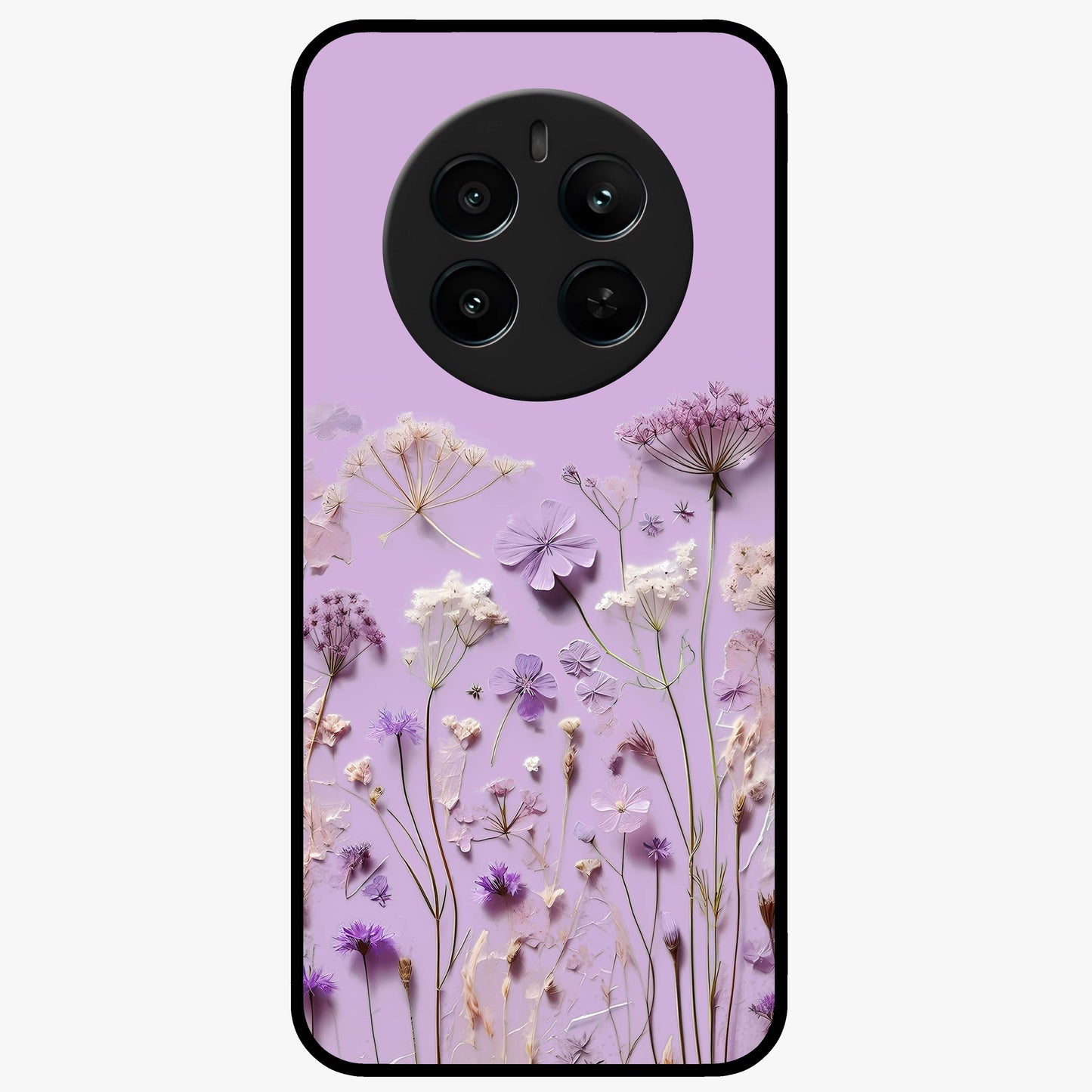Lavender Blossom Dream Glass Case showing flat back view with soft lavender floral artwork and glossy glass finish.