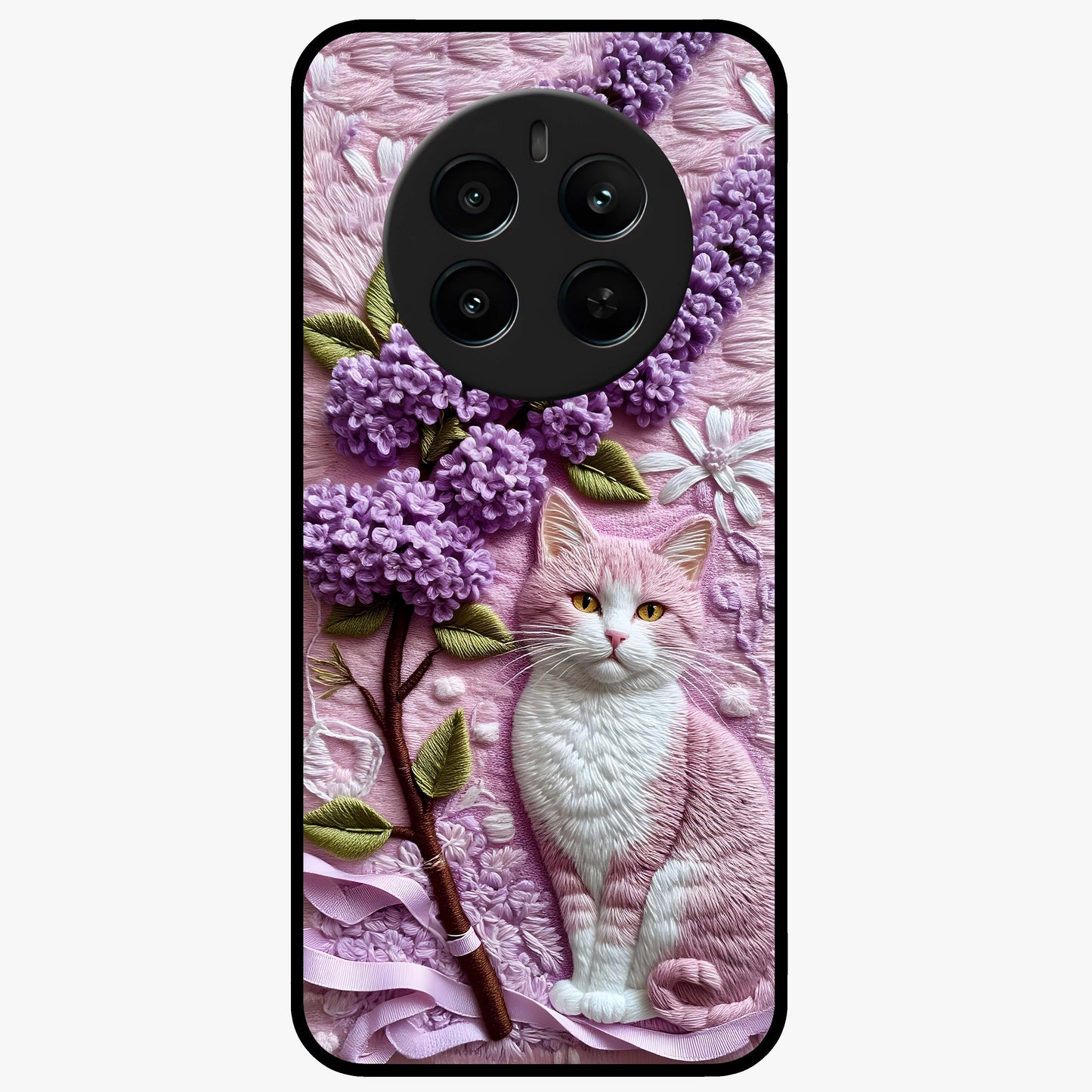 Lavender Cat Whimsy Glass Case showing flat back view with cute lavender cat artwork and glossy glass finish.