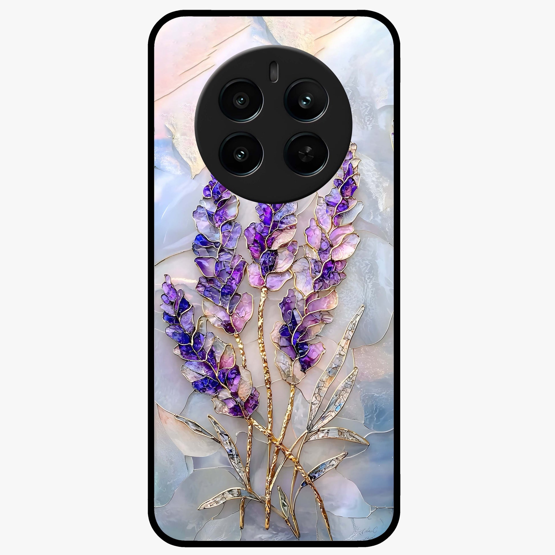 Lavender Dream Glow Glass Case showing flat back view with glowing lavender aesthetic artwork and glossy glass finish.