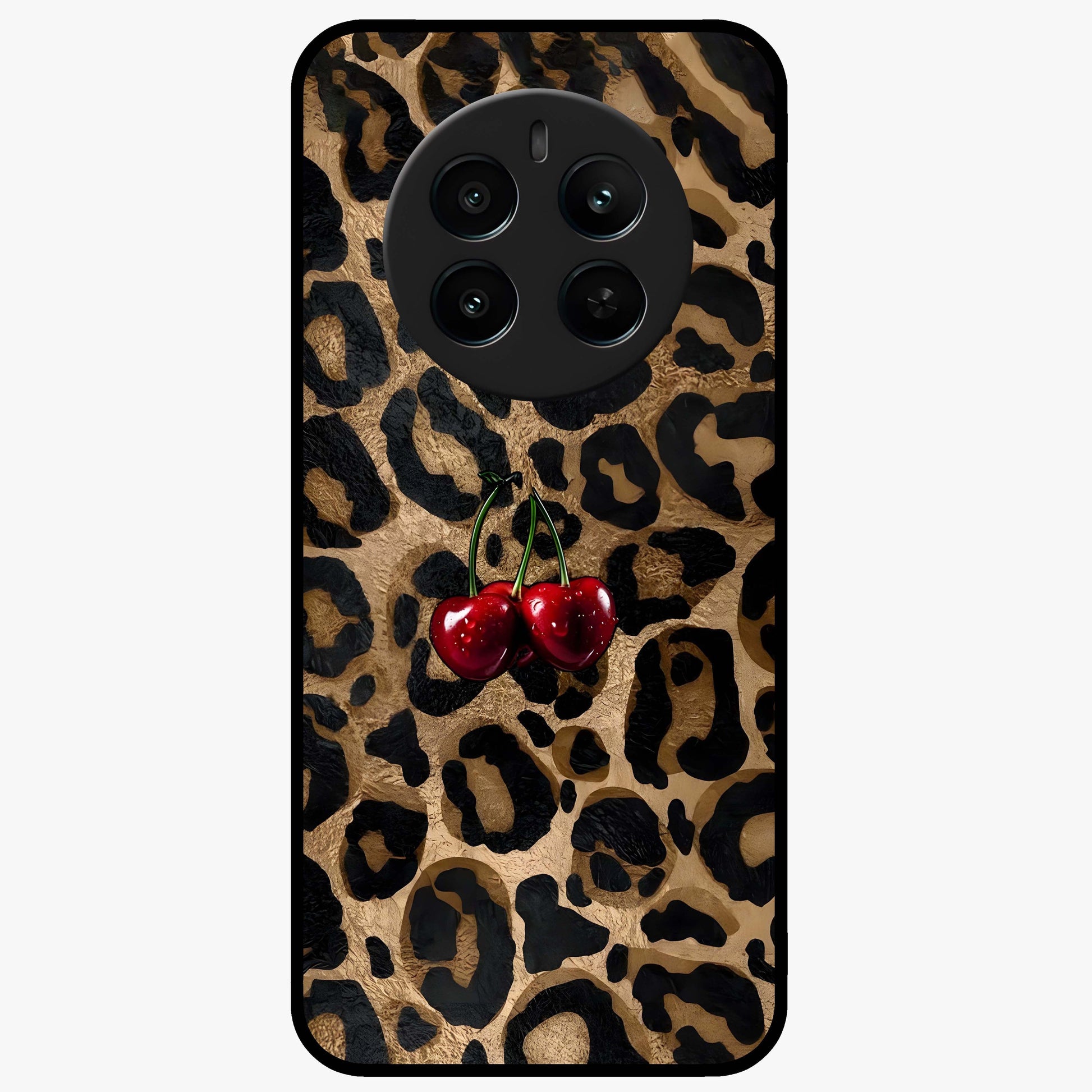 Leopard Wild Cherry Glass Case showing flat back view with leopard pattern and cherry artwork and glossy glass finish.