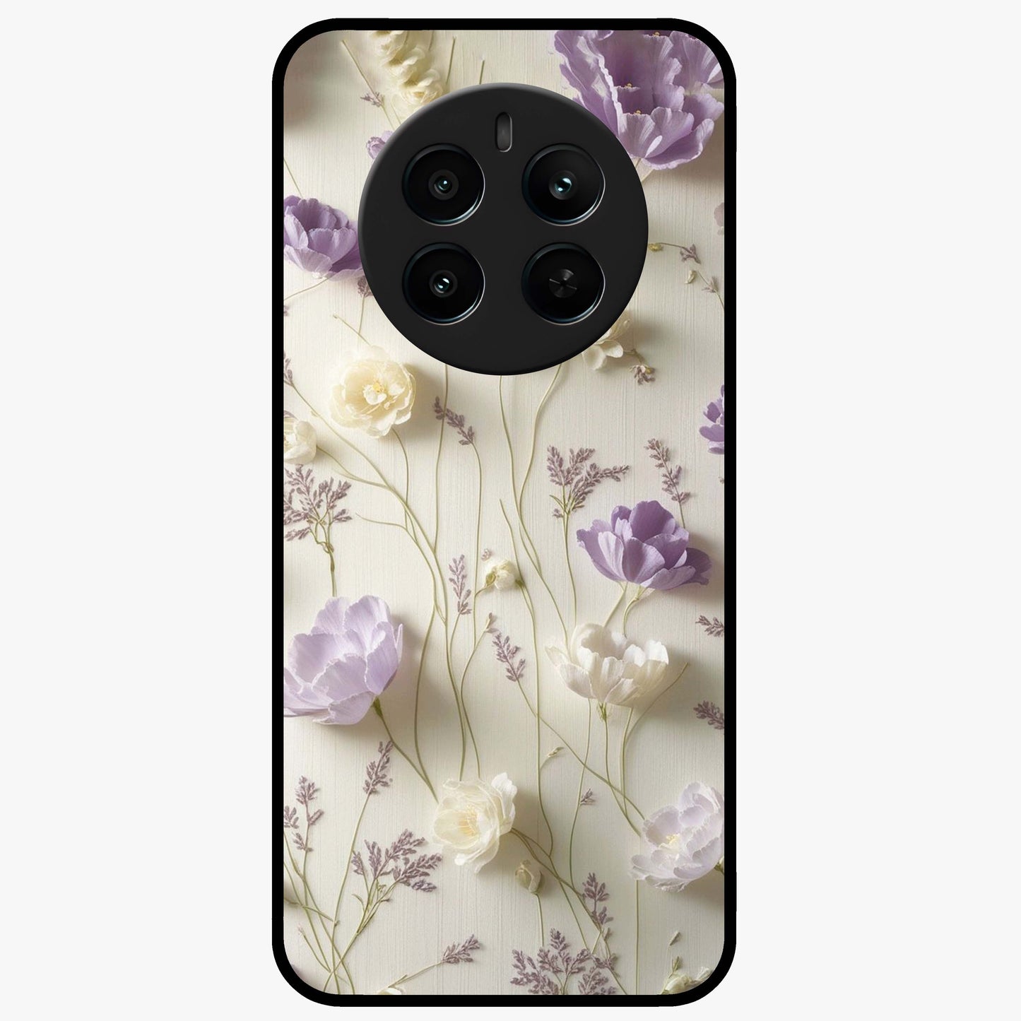 Lilac Breeze Harmony Glass Case showing flat back view with soft lilac themed artwork and glossy glass finish.