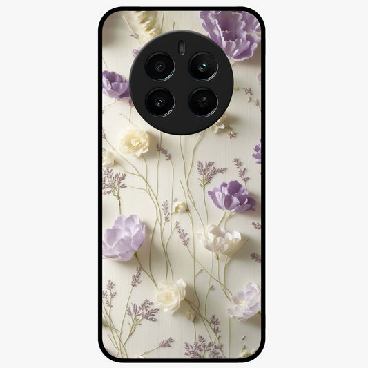 Lilac Breeze Harmony Glass Case showing flat back view with soft lilac themed artwork and glossy glass finish.