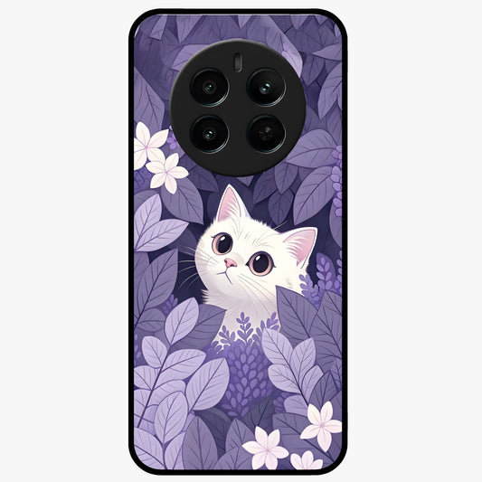 Lilac Hide Peek Cat Glass Case showing flat back view with cute peeking cat artwork and glossy glass finish.