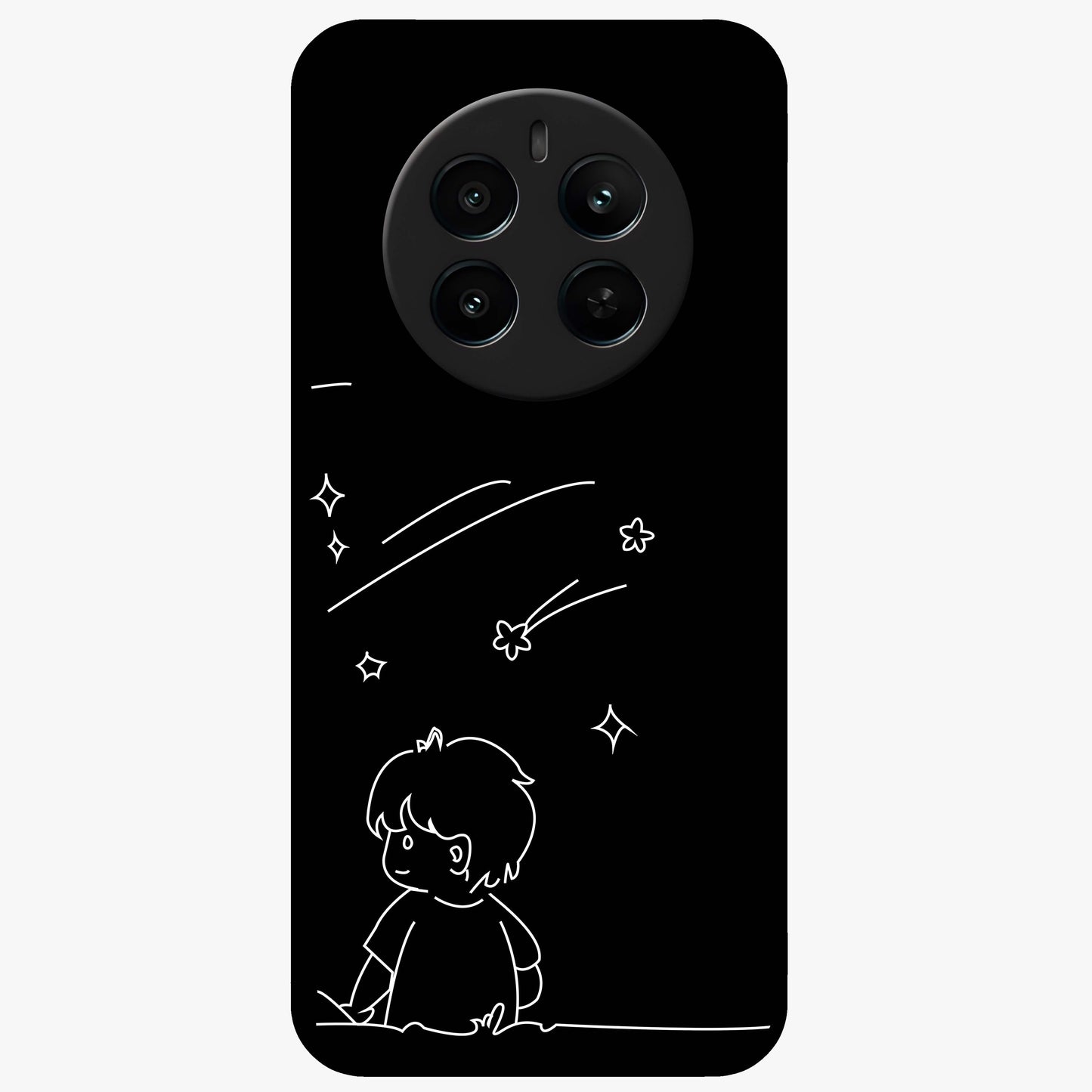 Line Art Boy With Shooting Stars Glass Case showing flat back view with minimal line art boy and shooting stars illustration and glossy glass finish.