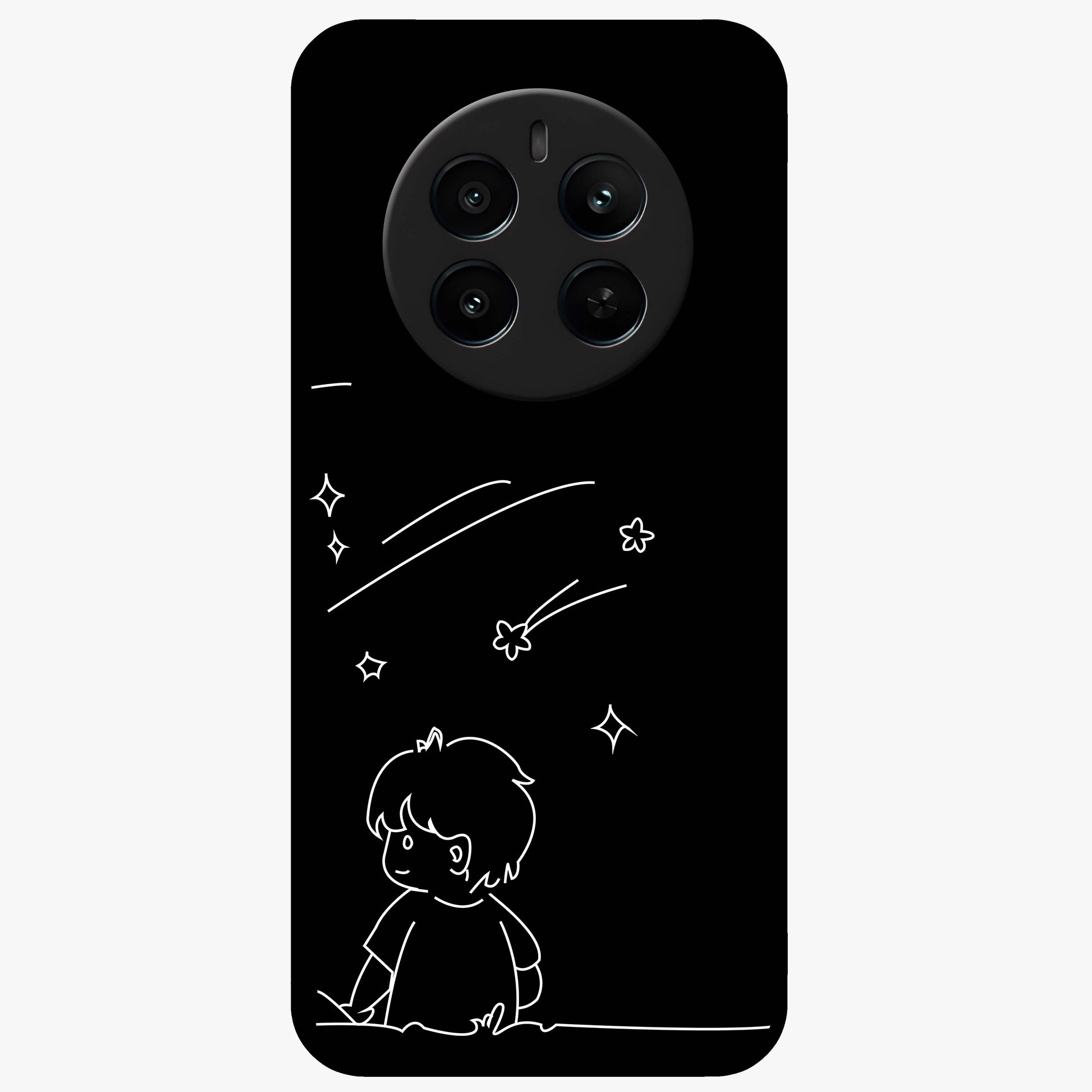 Line Art Boy With Shooting Stars Glass Case showing flat back view with minimal line art boy and shooting stars illustration and glossy glass finish.
