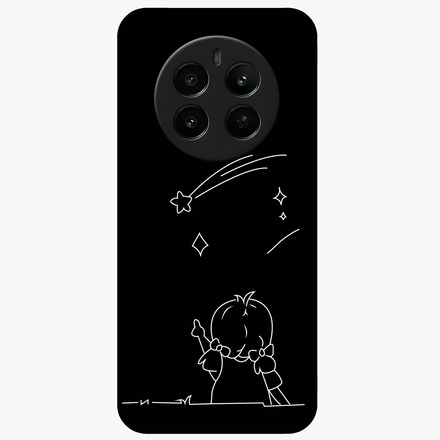 Line Art Girl With Shooting Stars Glass Case showing flat back view with minimal line art girl and shooting stars illustration and glossy glass finish.
