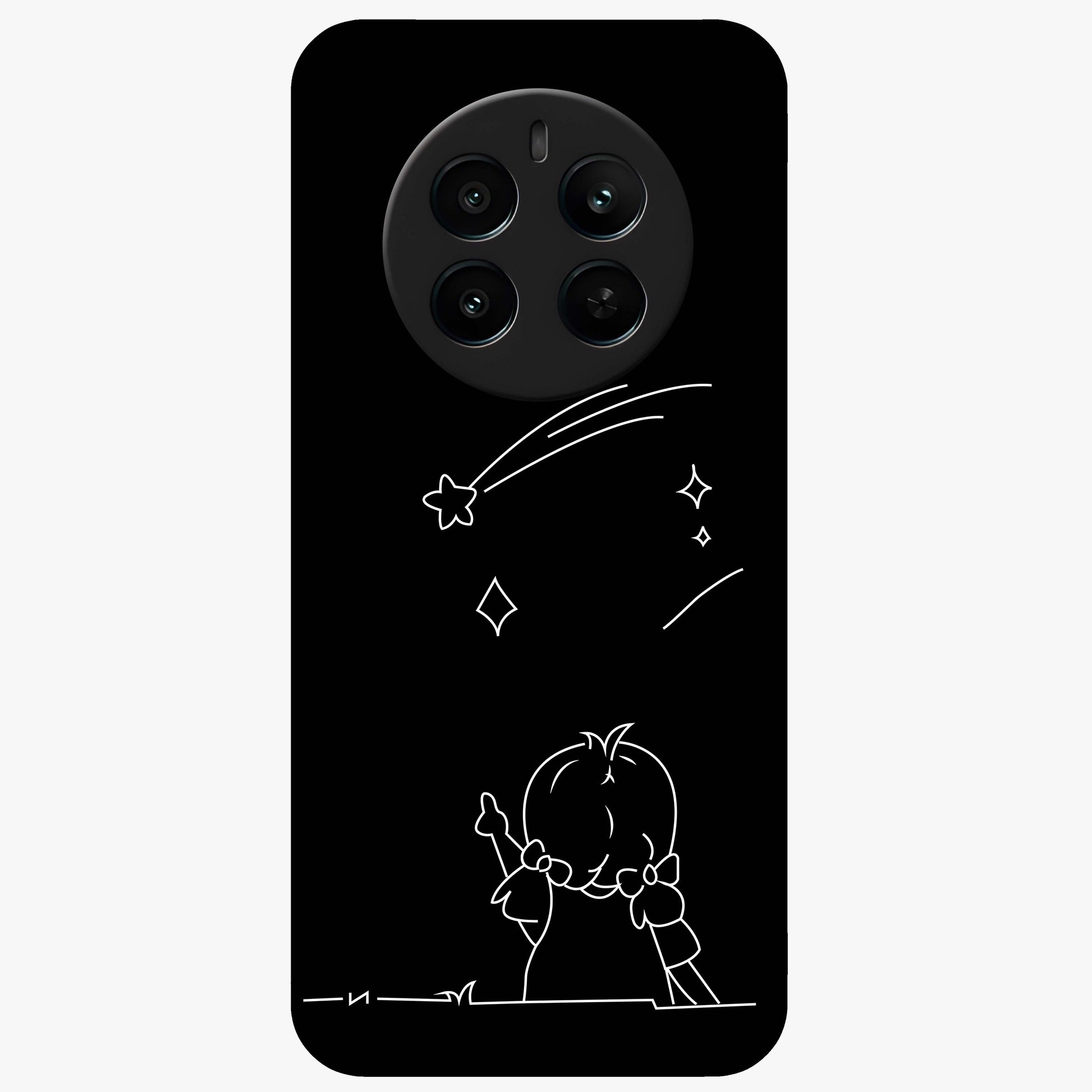 Line Art Girl With Shooting Stars Glass Case showing flat back view with minimal line art girl and shooting stars illustration and glossy glass finish.