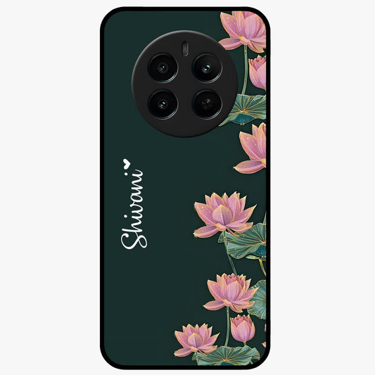 Lotus Bloom Serenity Custom Name Glass Case showing flat back view with elegant lotus flower artwork and personalized name design.
