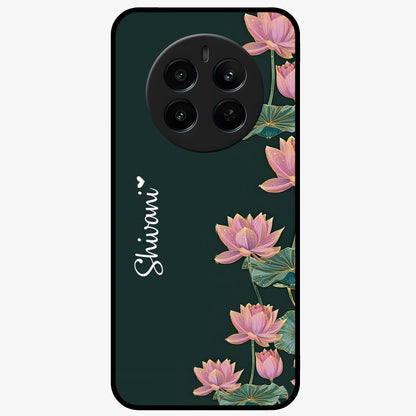 Lotus Bloom Serenity Custom Name Glass Case showing flat back view with elegant lotus flower artwork and personalized name design.