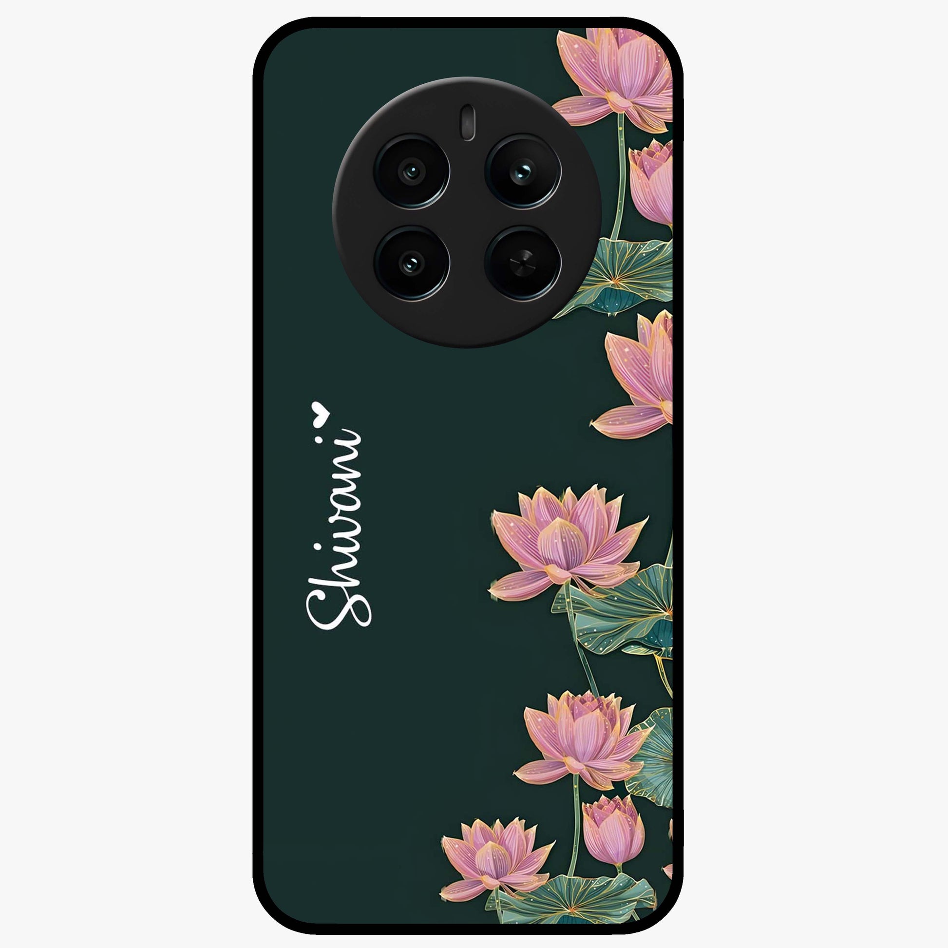 Lotus Bloom Serenity Custom Name Glass Case showing flat back view with elegant lotus flower artwork and personalized name design.