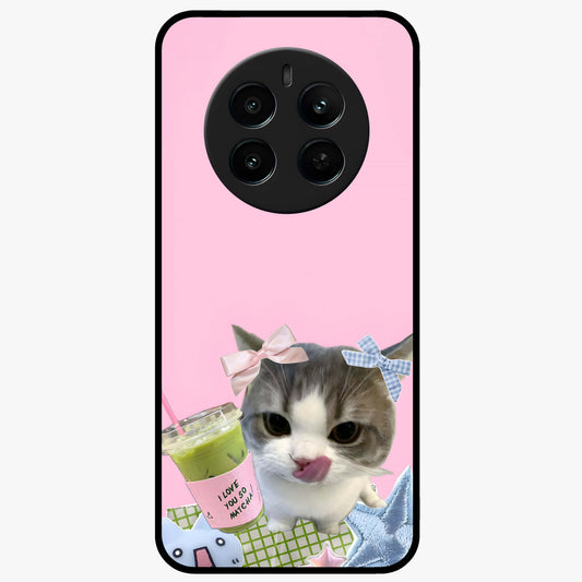 Love Matcha Cat Glass Case showing flat back view with cute cat and matcha themed artwork and glossy glass finish.