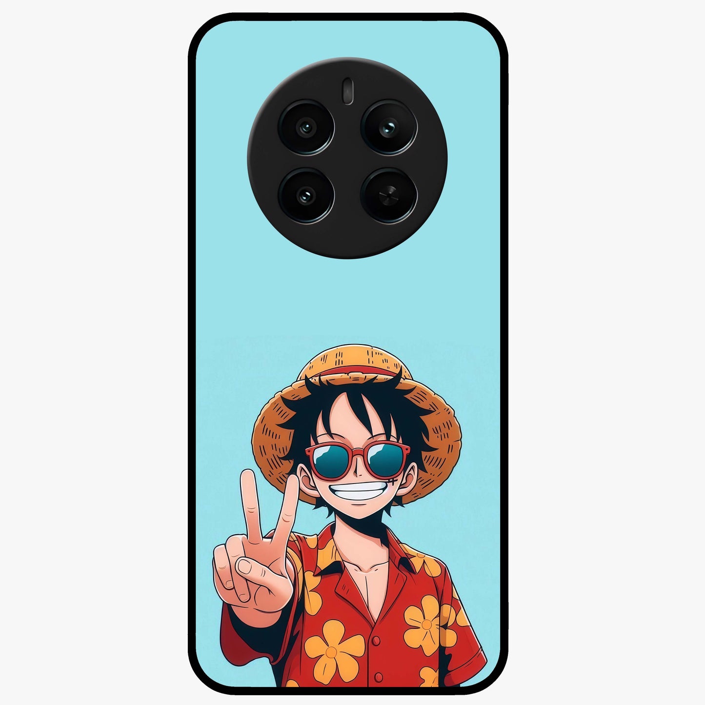 Luffy Summer Anime Vibe Glass Case showing flat back view with vibrant anime character artwork and glossy glass finish.