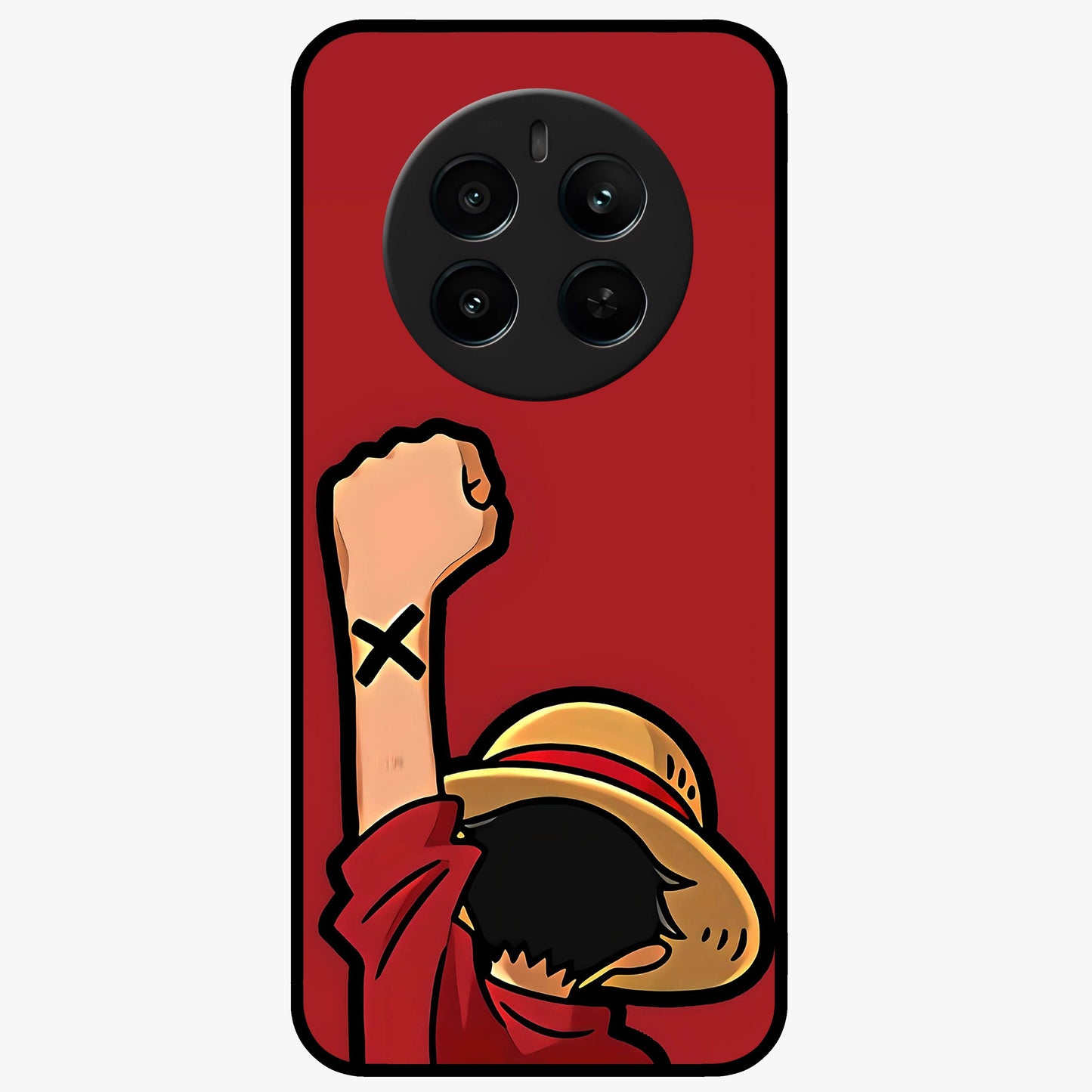 Luffy X Spirit Glass Case showing flat back view with bold anime character artwork and glossy glass finish.