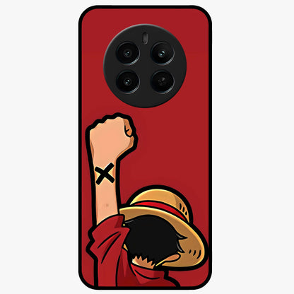 Luffy X Spirit Glass Case showing flat back view with bold anime character artwork and glossy glass finish.