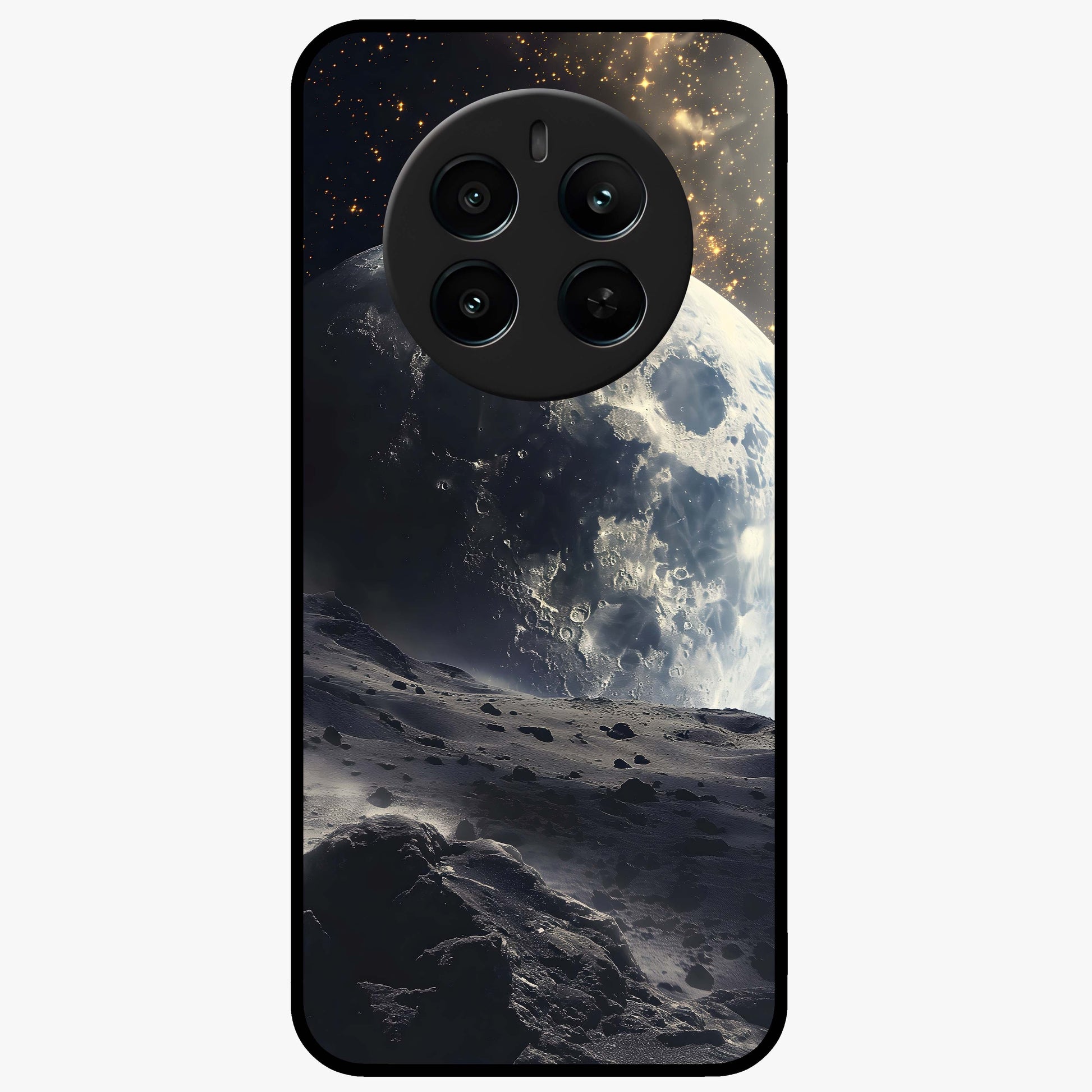 Lunar Horizon Glow Glass Case showing flat back view with glowing moon horizon artwork and glossy glass finish.