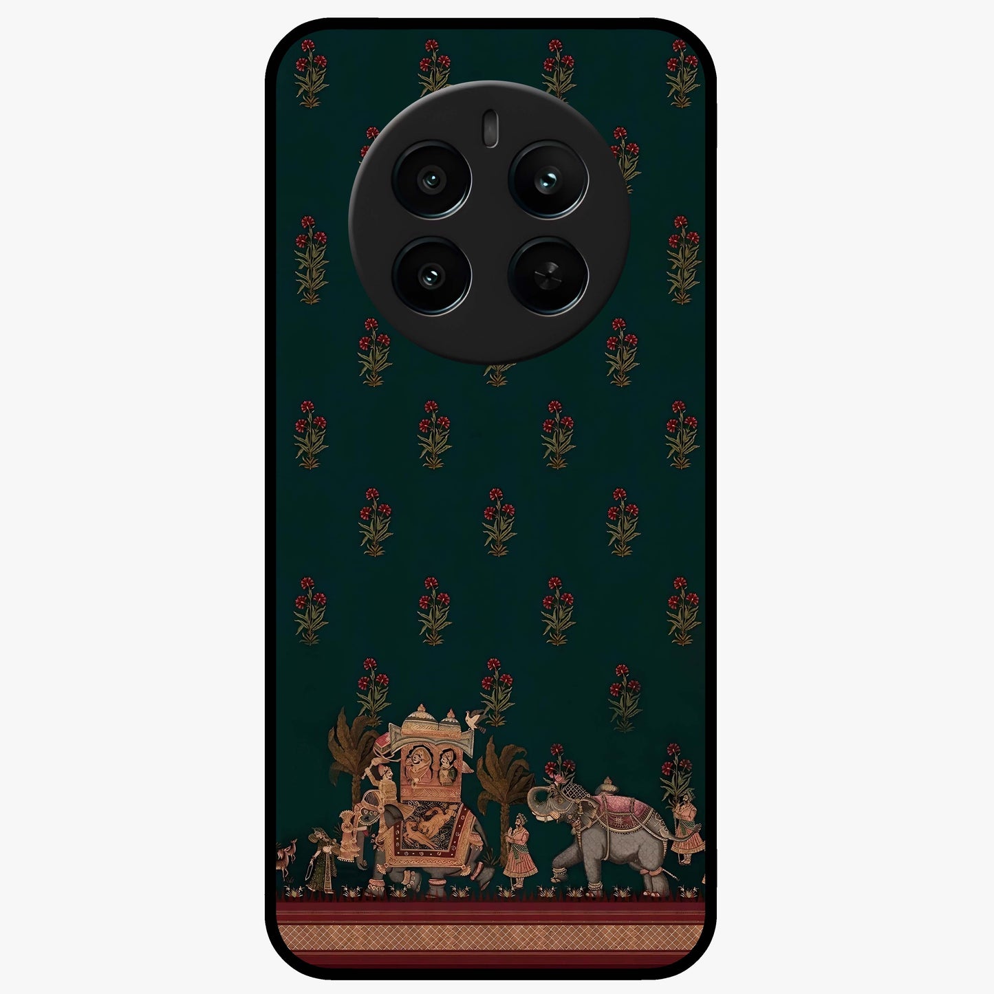 Macmerise Glass Case showing flat back view with stylish modern artwork and glossy glass finish.