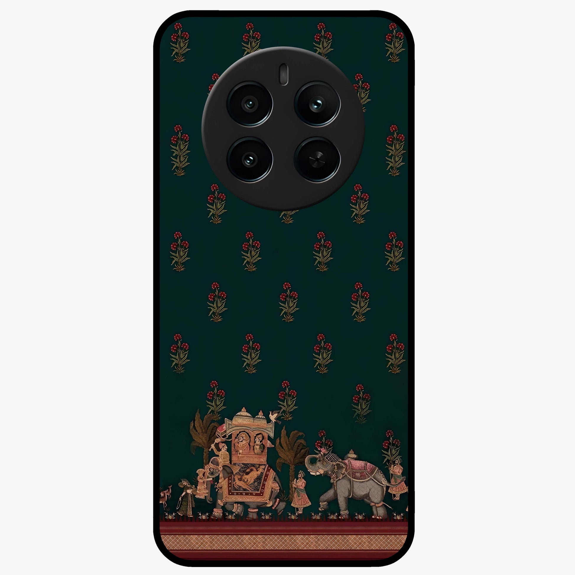Macmerise Glass Case showing flat back view with stylish modern artwork and glossy glass finish.