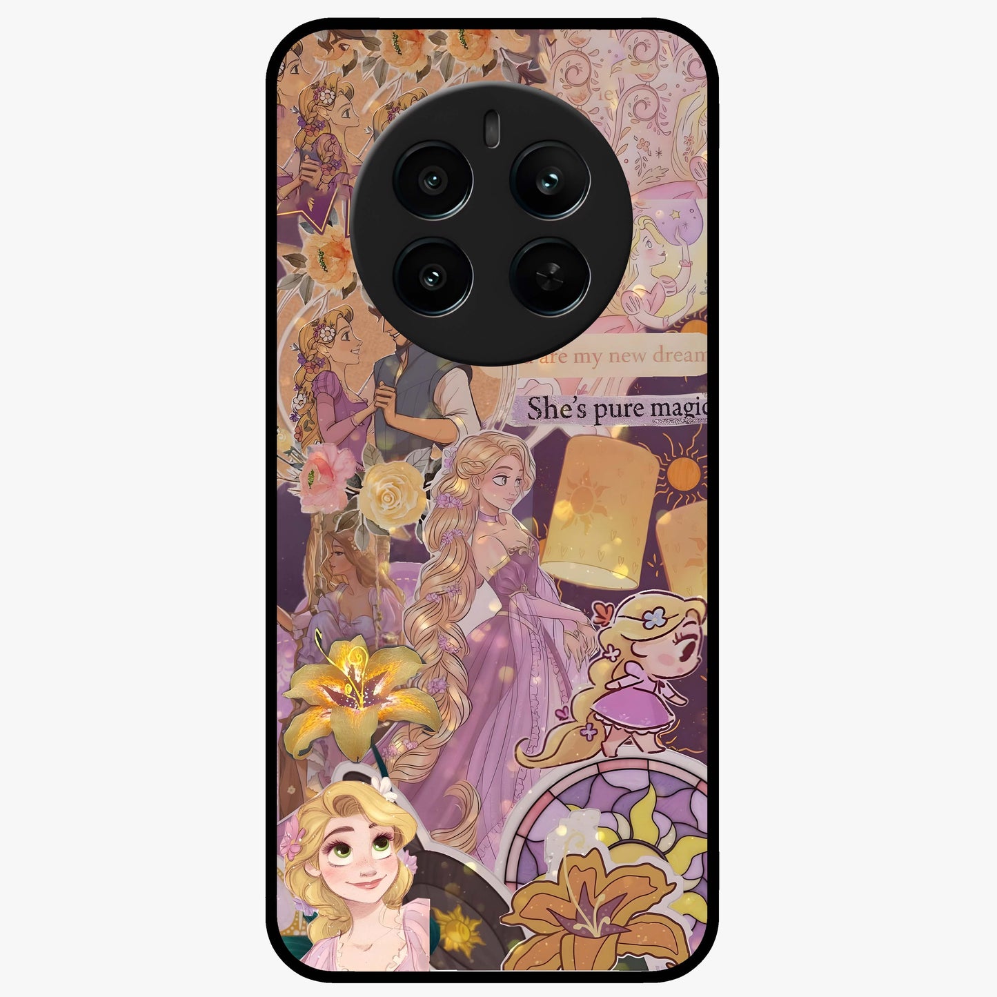 Magical Tangled Dream Glass Case showing flat back view with dreamy tangled artwork and glossy glass finish.