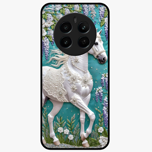 Majestic Floral Stallion Glass Case showing flat back view with powerful horse and floral artwork and glossy glass finish.