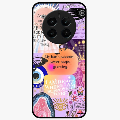 Manifestation Collage Glass Case showing flat back view with motivational collage artwork and glossy glass finish.