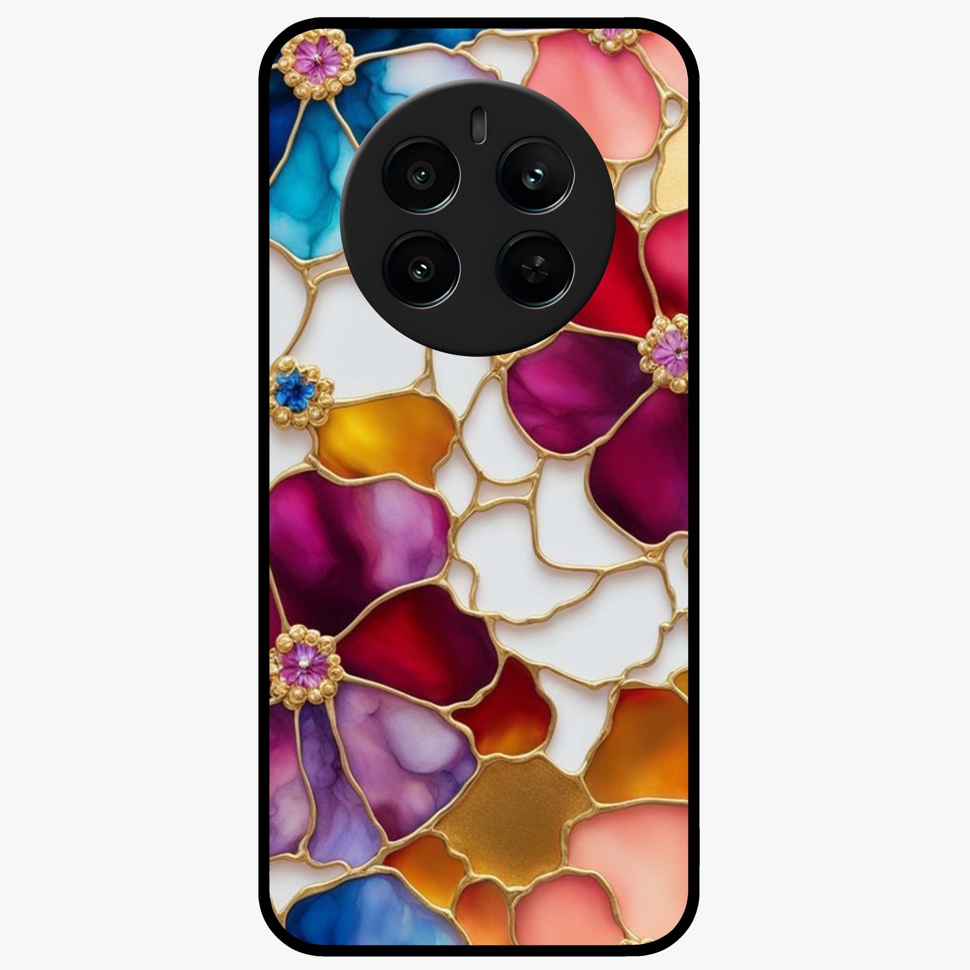 Marble Flower Pattern Glass Case showing flat back view with marble texture floral artwork and glossy glass finish.