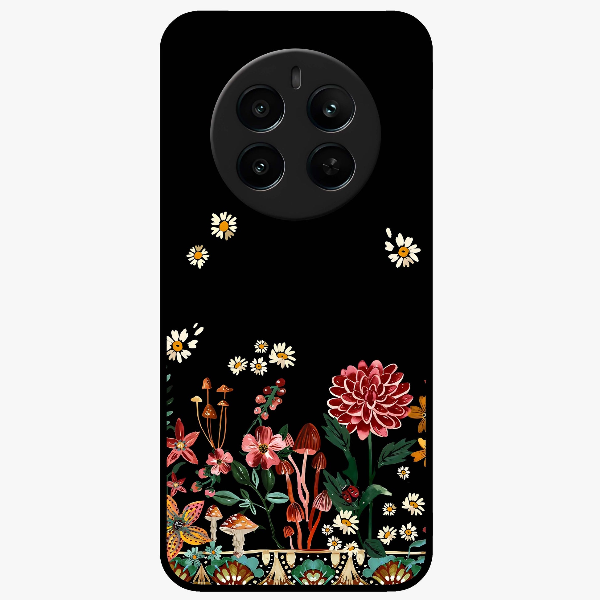 Midnight Bloom Pattern Glass Case showing flat back view with dark floral pattern artwork and glossy glass finish.