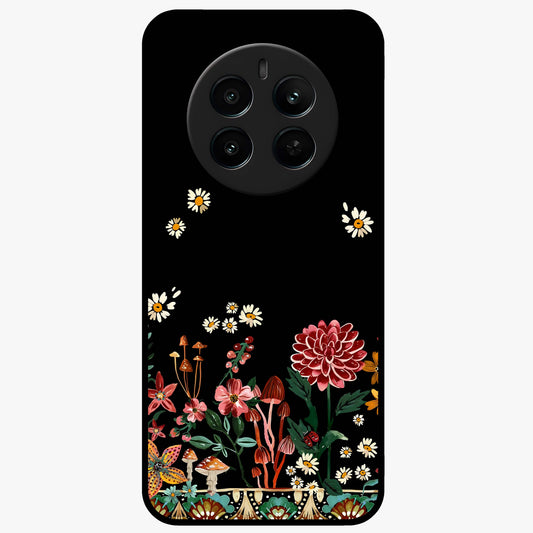 Midnight Bloom Pattern Glass Case showing flat back view with dark floral pattern artwork and glossy glass finish.
