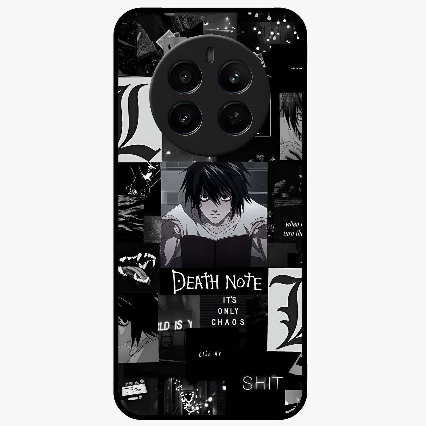 Midnight Chaos Mind Glass Case showing flat back view with abstract dark themed artwork and glossy glass finish.