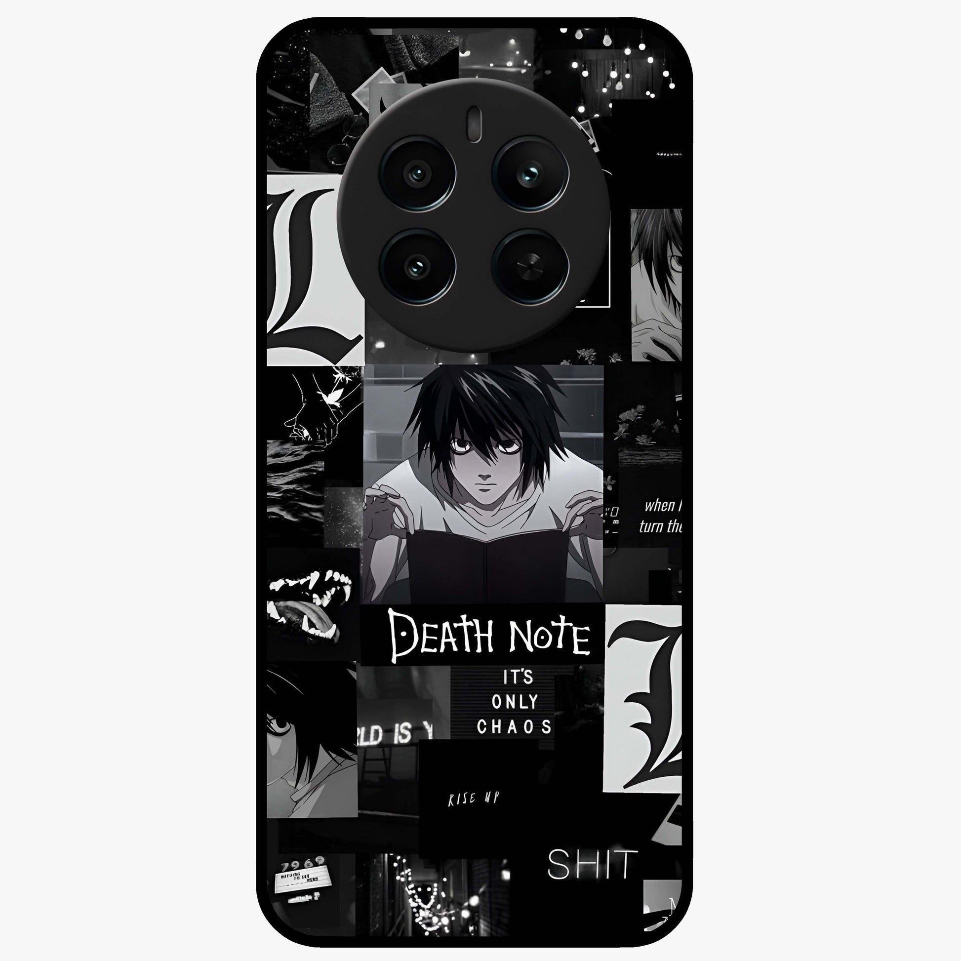 Midnight Chaos Mind Glass Case showing flat back view with abstract dark themed artwork and glossy glass finish.
