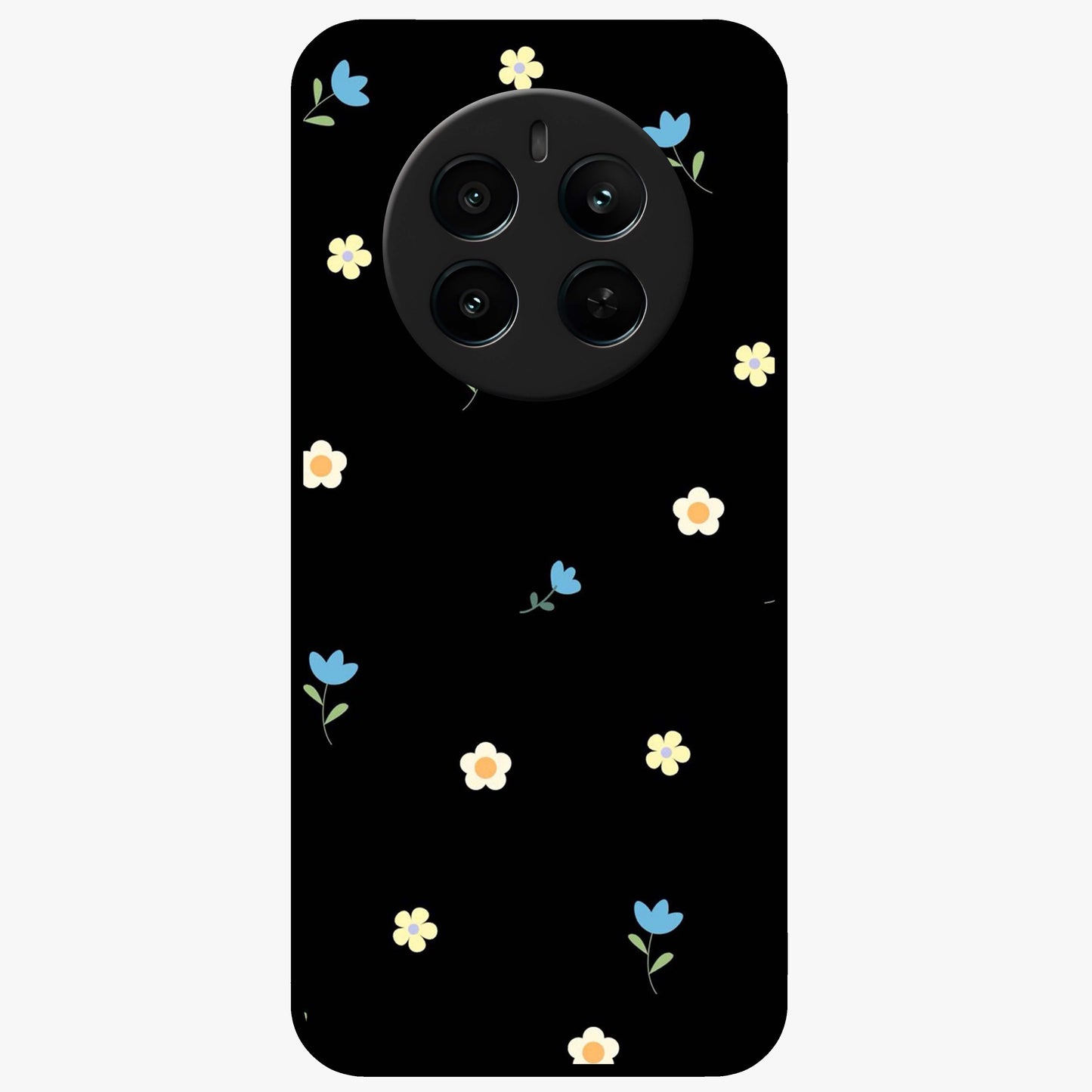 Minimalistic Blue With White Flower Pattern Glass Case showing flat back view with blue background and white flower pattern and glossy glass finish.