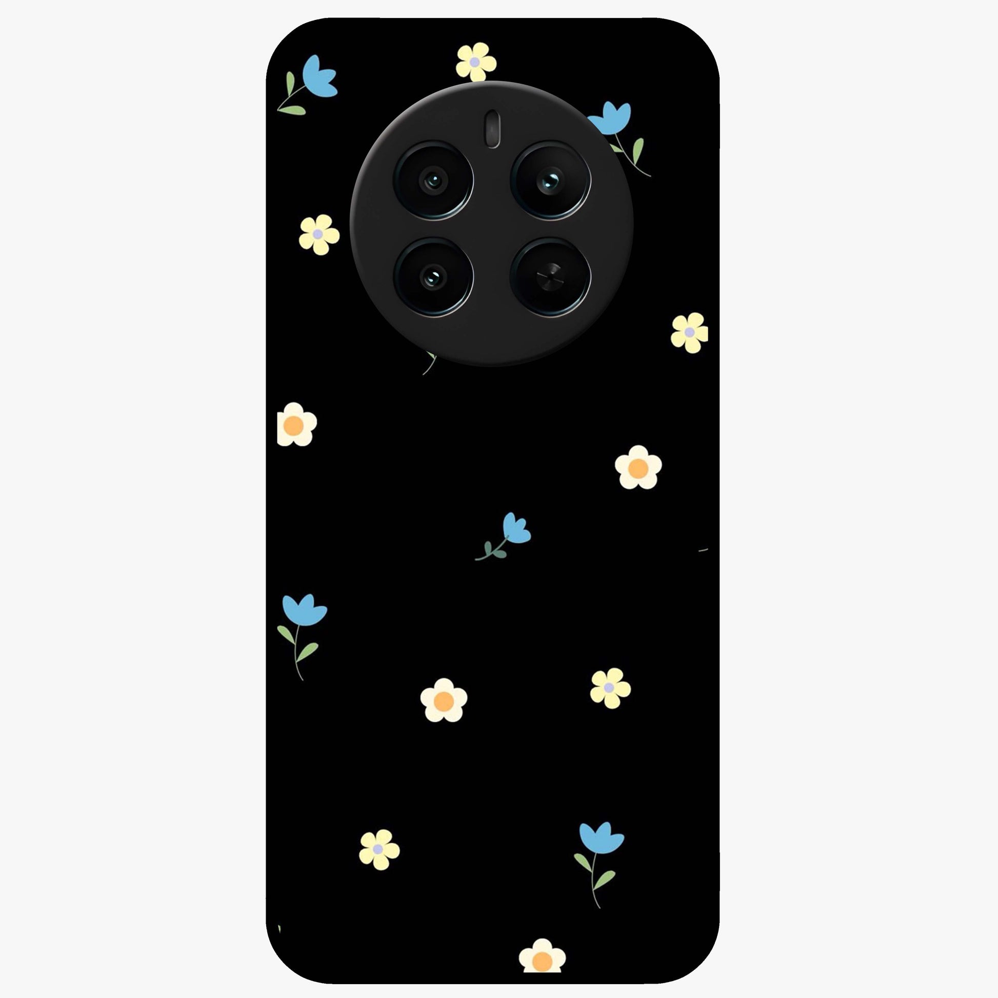 Minimalistic Blue With White Flower Pattern Glass Case showing flat back view with blue background and white flower pattern and glossy glass finish.