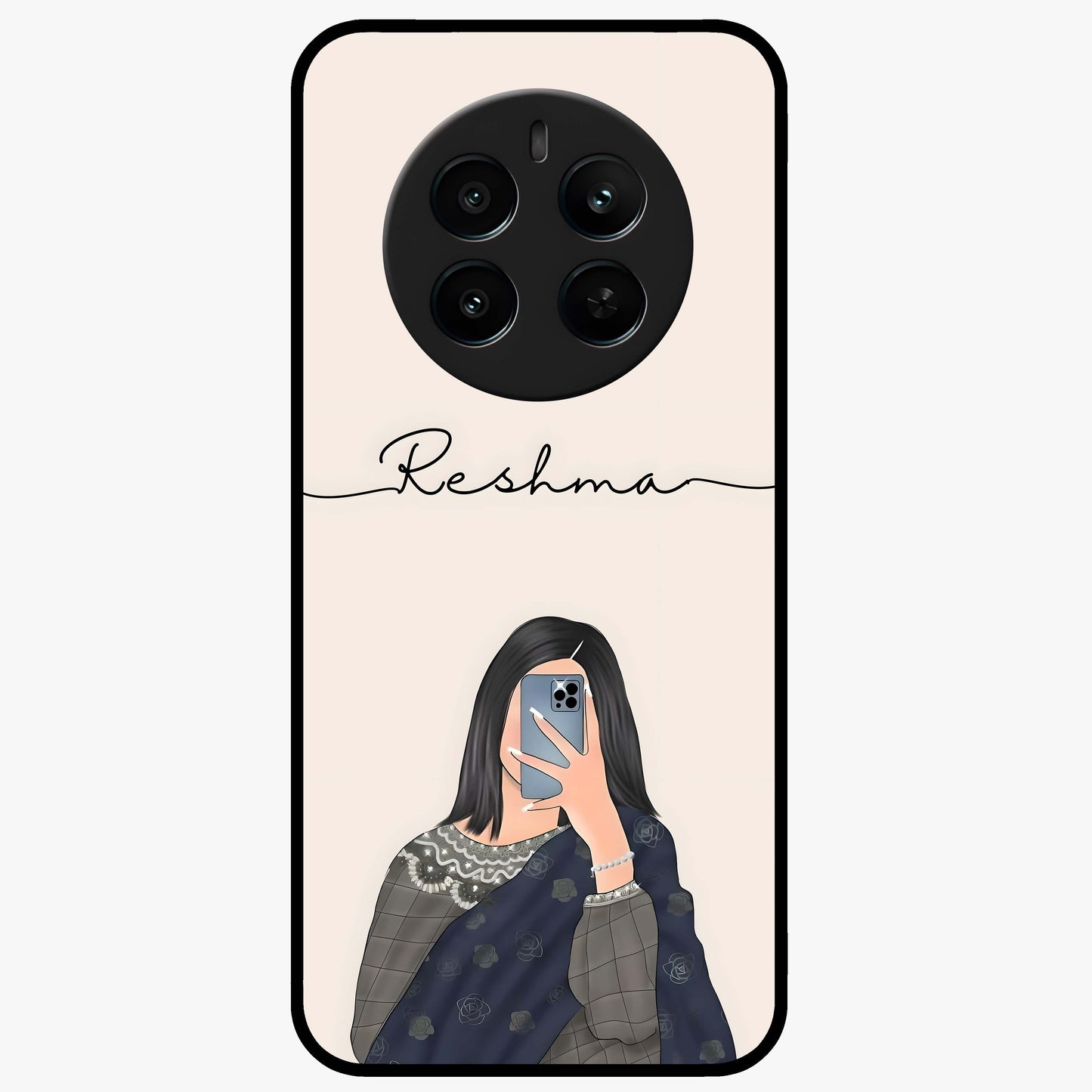 Mirror Mood Muse With Custom Name Glass Case showing flat back view with stylish mirrored artwork and personalized name design.