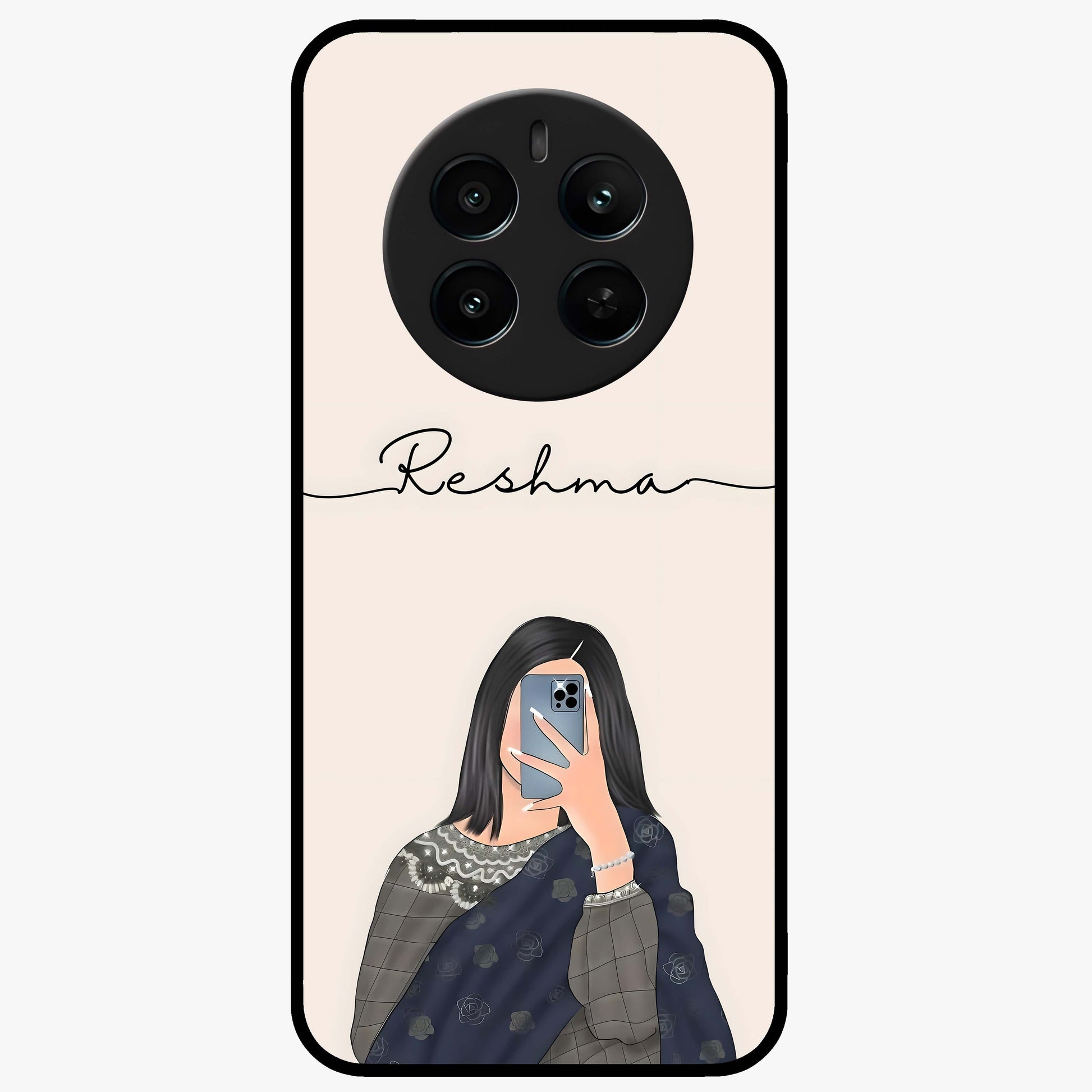 Mirror Mood Muse With Custom Name Glass Case showing flat back view with stylish mirrored artwork and personalized name design.