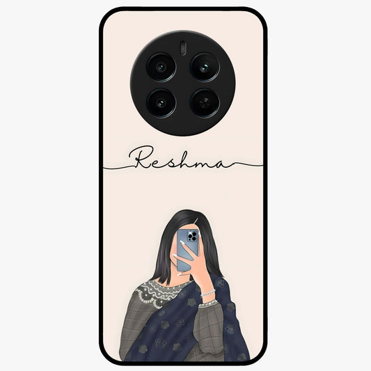 Mirror Mood Muse With Custom Name Glass Case showing flat back view with stylish mirrored artwork and personalized name design.