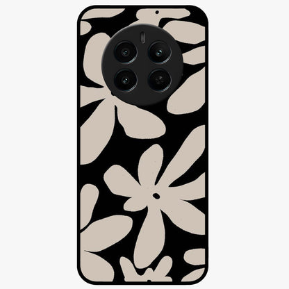 Monochrome Petal Dance Glass Case showing flat back view with monochrome floral artwork and glossy glass finish.