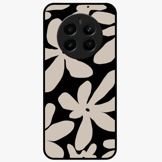 Monochrome Petal Dance Glass Case showing flat back view with monochrome floral artwork and glossy glass finish.