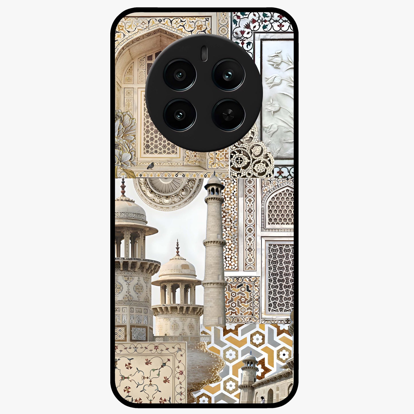 Mughal Marble Legacy Glass Case showing flat back view with intricate Mughal inspired marble pattern and glossy glass finish.