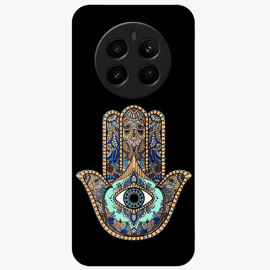 Mystic Hamsa Eye Glass Case showing flat back view with protective hamsa hand and evil eye artwork and glossy glass finish.