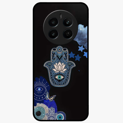 Mystic Hand Aura Glass Case showing flat back view with mystical hand symbol artwork and glossy glass finish.