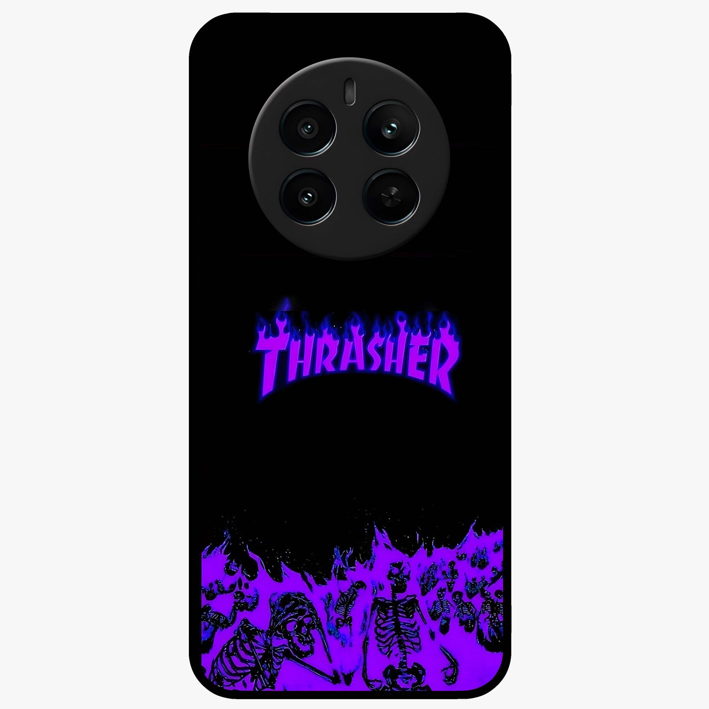 Neon Flame Riot Glass Case showing flat back view with neon flame artwork and glossy glass finish.