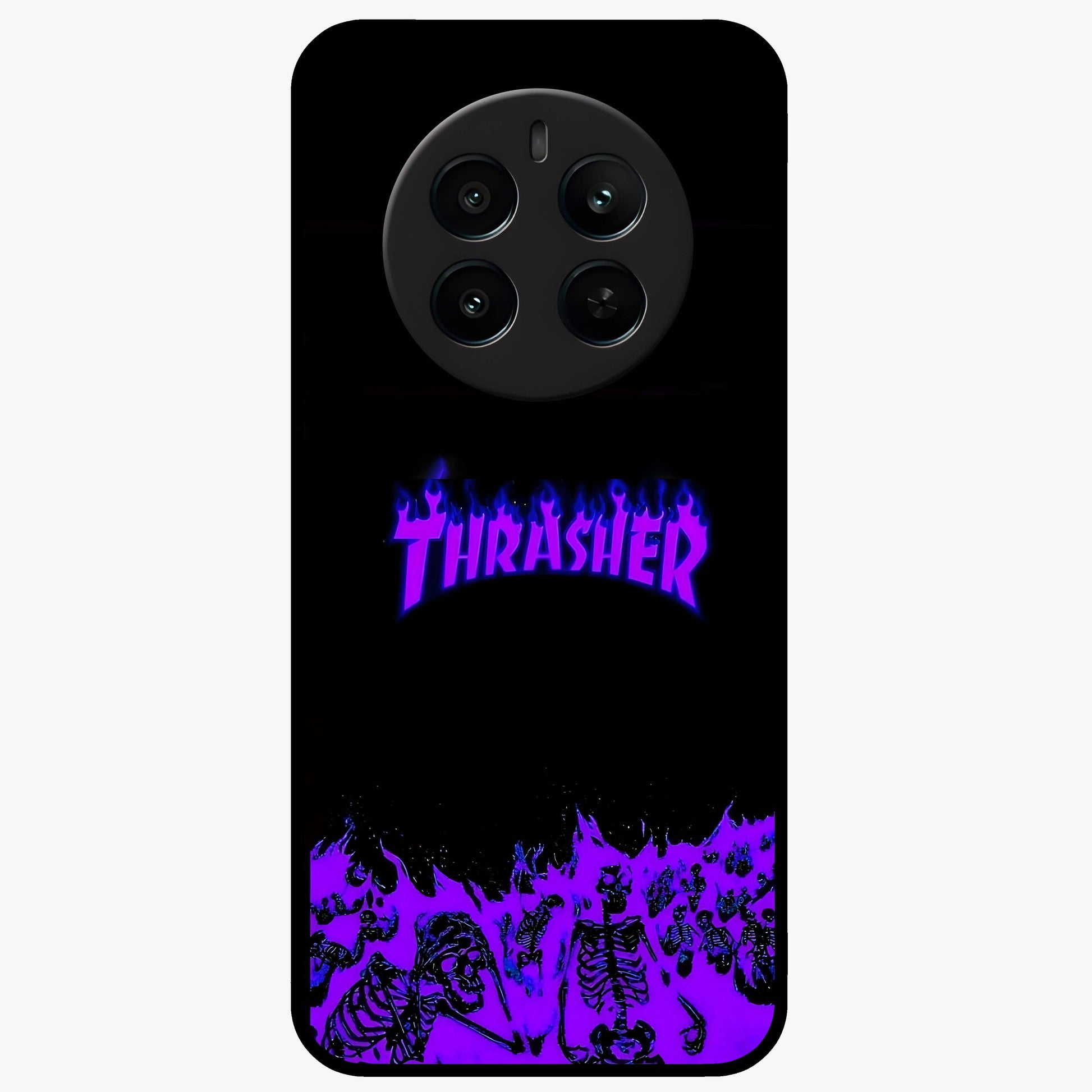 Neon Flame Riot Glass Case showing flat back view with neon flame artwork and glossy glass finish.
